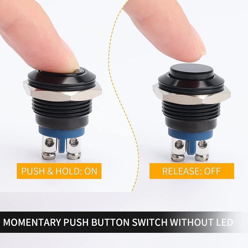 STARELO 5pcs 16mm Momentary Push Button Switch Black Shell, IP65 Waterproof Push Button Switch,Aluminum Alloy 1 Normally Open Without LED. - Image 4